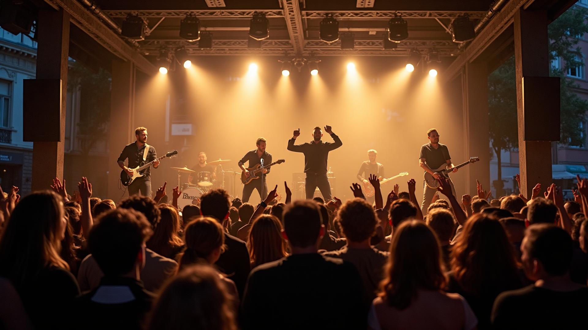 Energieke Band Marginal coverband performance in Antwerpen met dansend publiek en sfeervolle eventbelichting